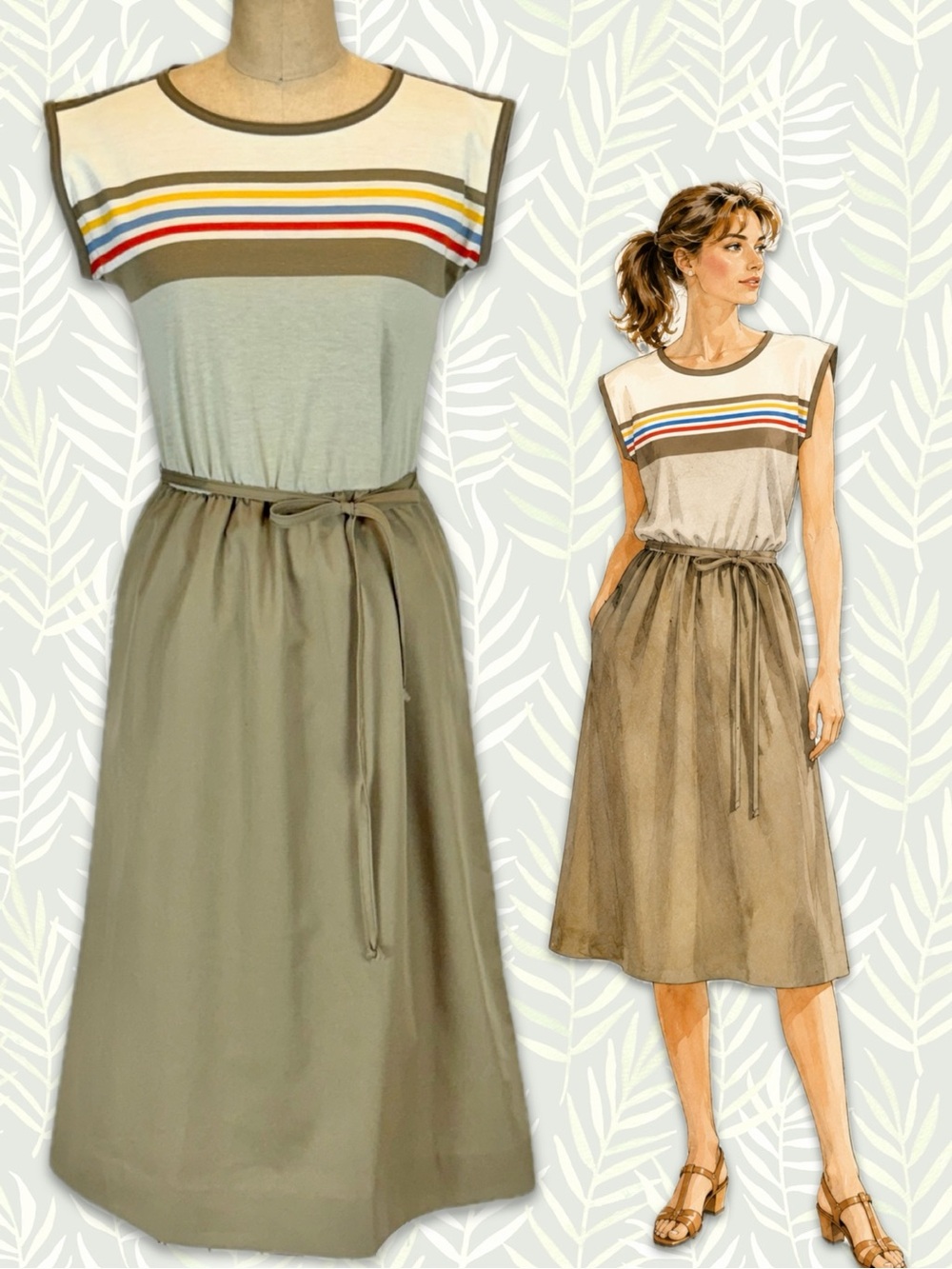 VINTAGE 80s sporty dress midi capped sleeve rainbow stripes weekend chic‎ 70s